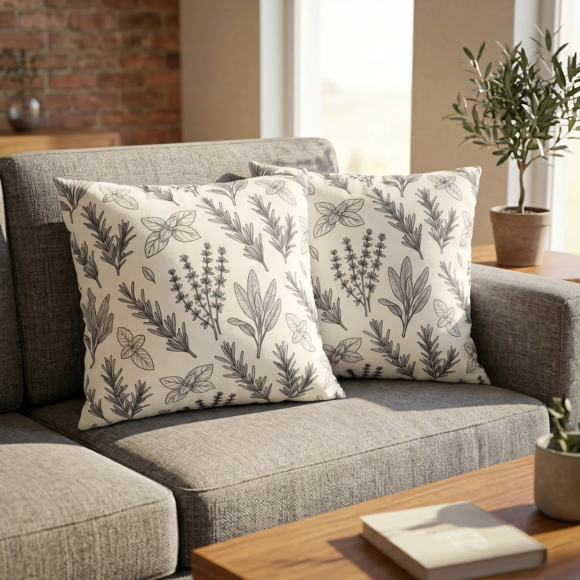 Pair of decorative herb pattern pillows on a grey sofa. White cushions with grey botanical sketches in a sunlit modern living room lifestyle shot.
