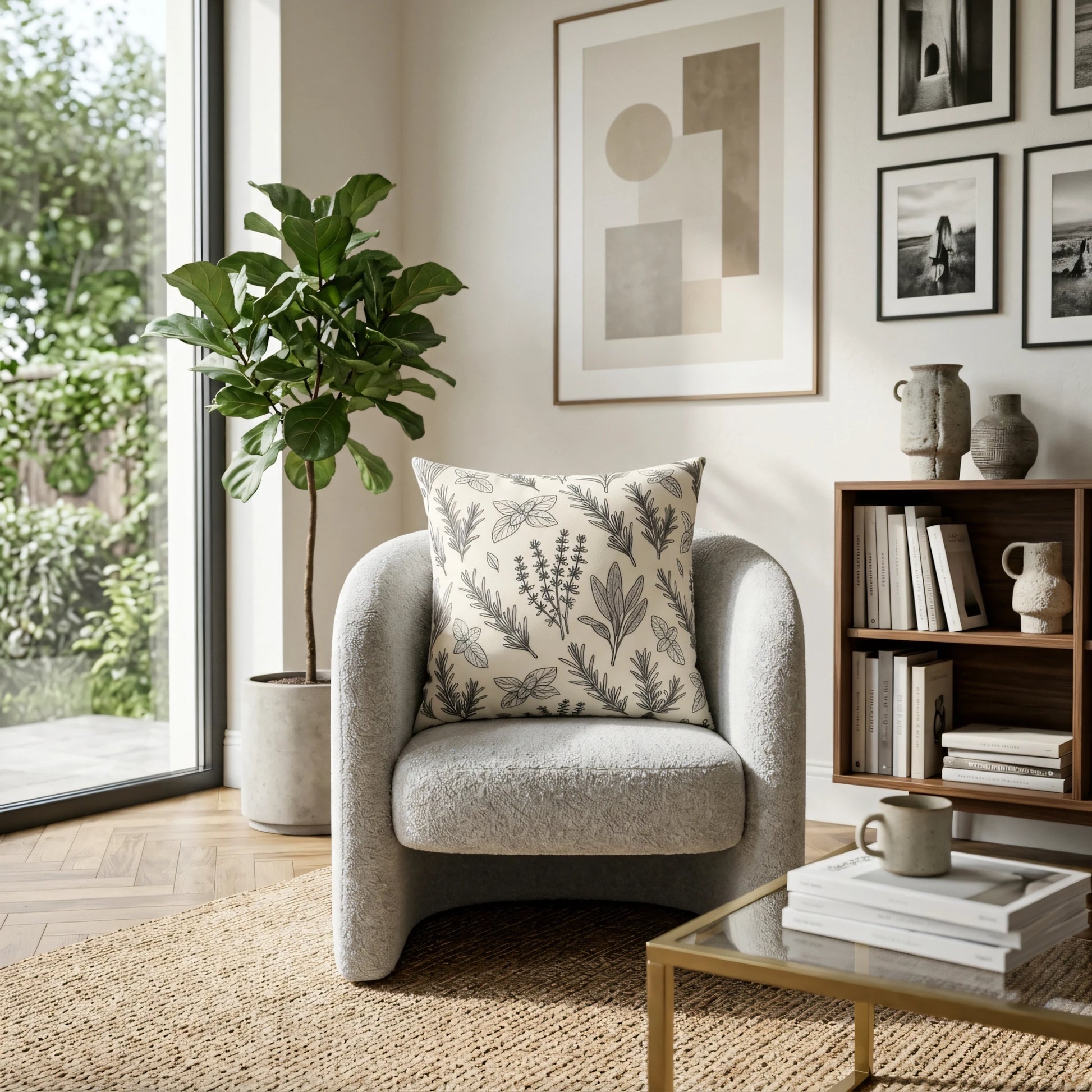 Botanical herb pattern pillow on a gray bouclé armchair in a modern living room featuring neutral decor and a fiddle leaf fig.