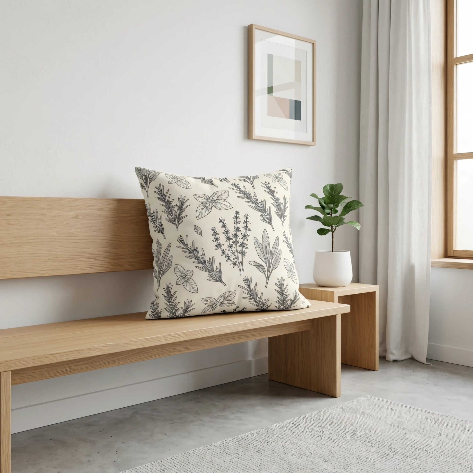 Square cream pillow with grey lavender and herb leaf designs displayed on a modern oak bench in a minimalist room with a small plant.