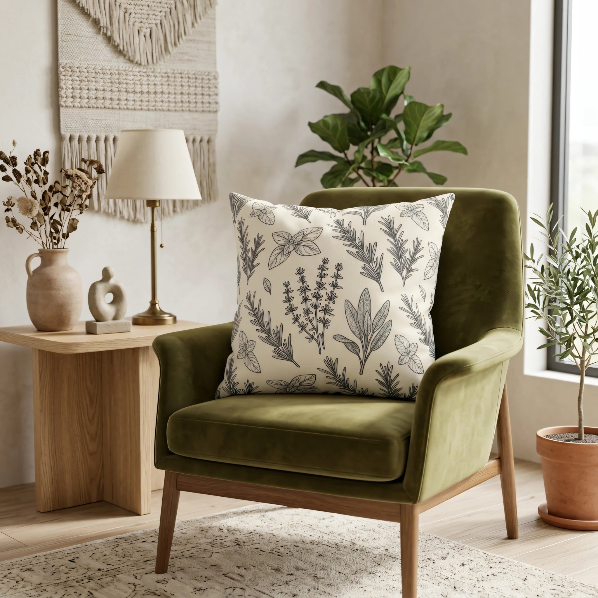 Botanical herb print cushion on a moss green velvet armchair in a modern boho living room with natural wood accents and indoor plants.