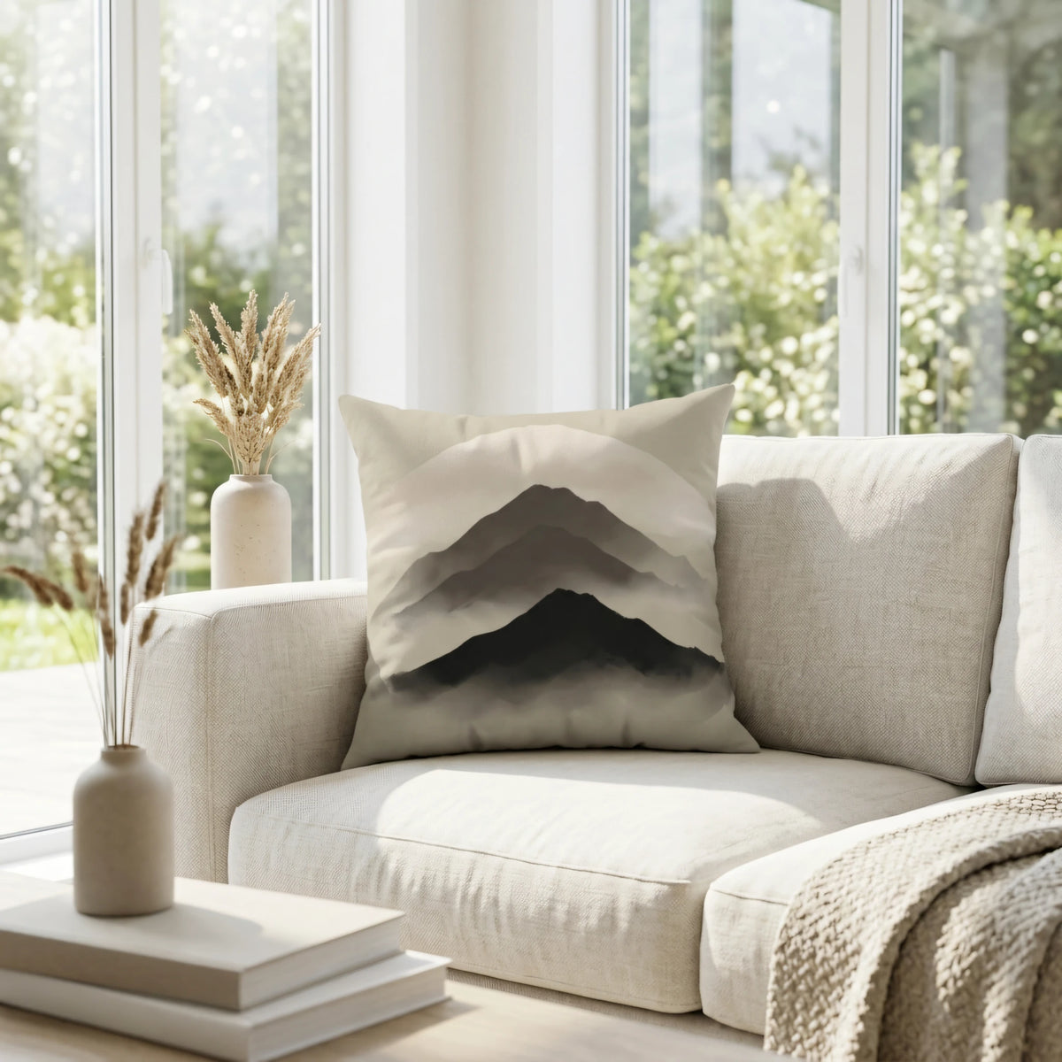 Misty Ridge Inkwash Cushion Cover, lifestyle view.