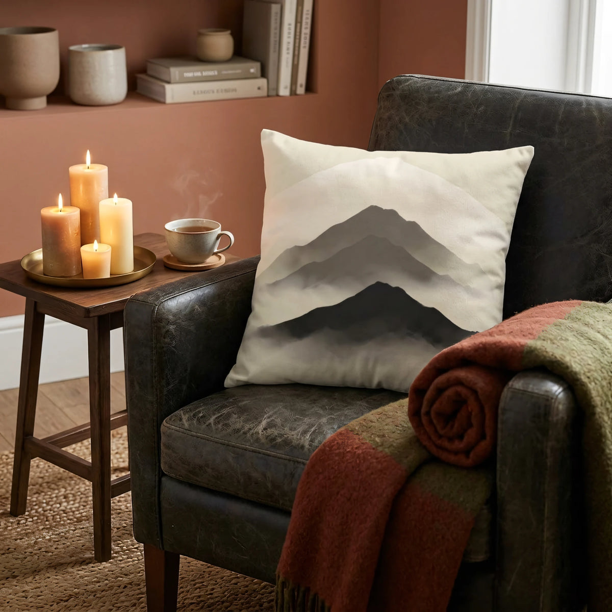 Misty Ridge Inkwash Cushion Cover, lifestyle view.