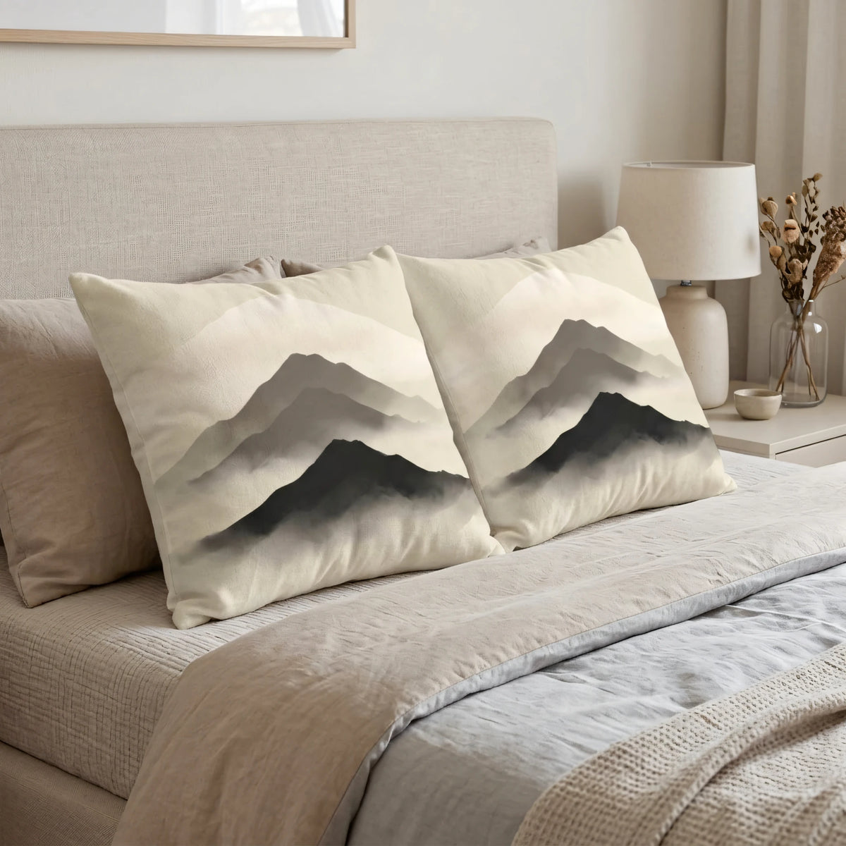 Misty Ridge Inkwash Cushion Cover, lifestyle view.