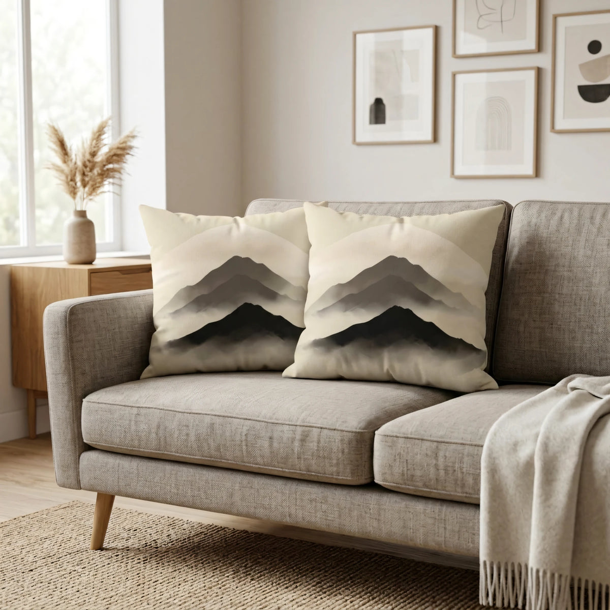 Misty Ridge Inkwash Cushion Cover, lifestyle view.