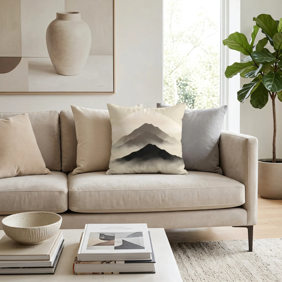 Misty Ridge Inkwash Cushion Cover, lifestyle view.