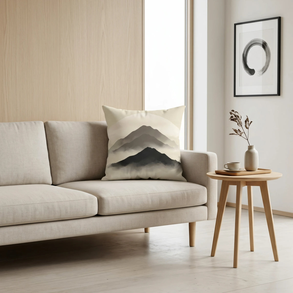 Misty Ridge Inkwash Cushion Cover, lifestyle view.
