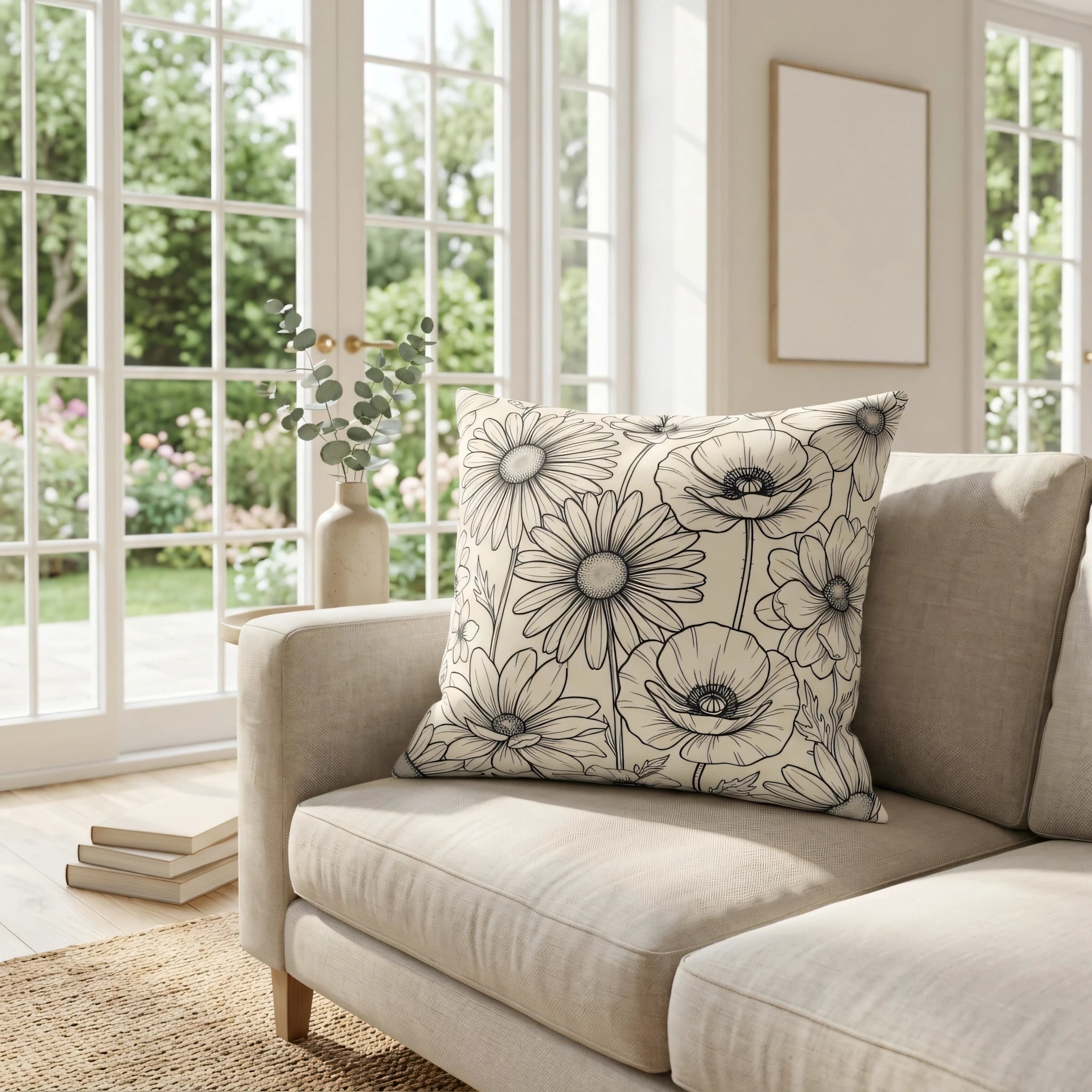 Decorative floral cushion with black line art patterns on a beige sofa in a light-filled living room with garden view windows.