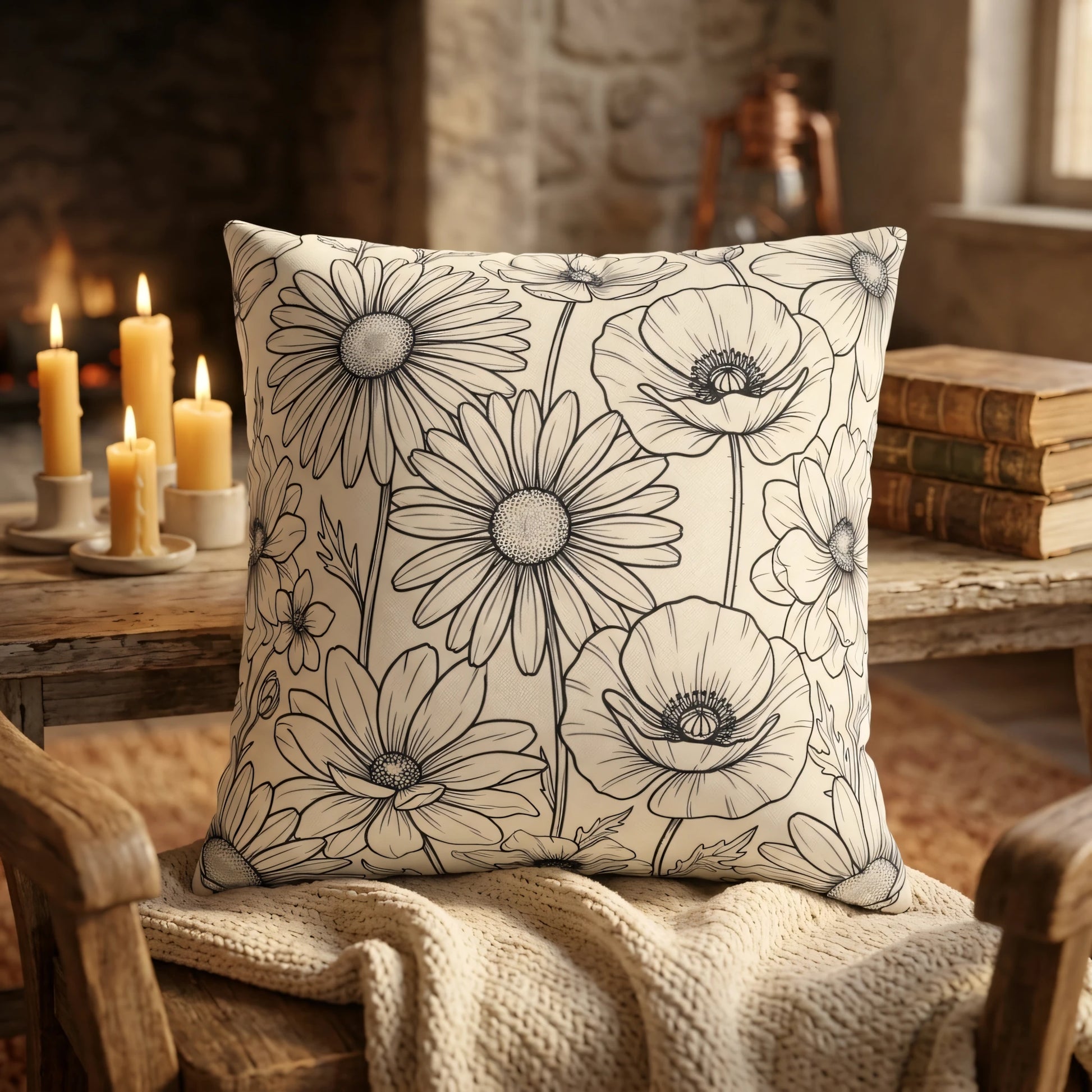 Decorative throw pillow featuring black and white daisy and poppy illustrations on a wooden chair in a cozy, rustic room with candles.