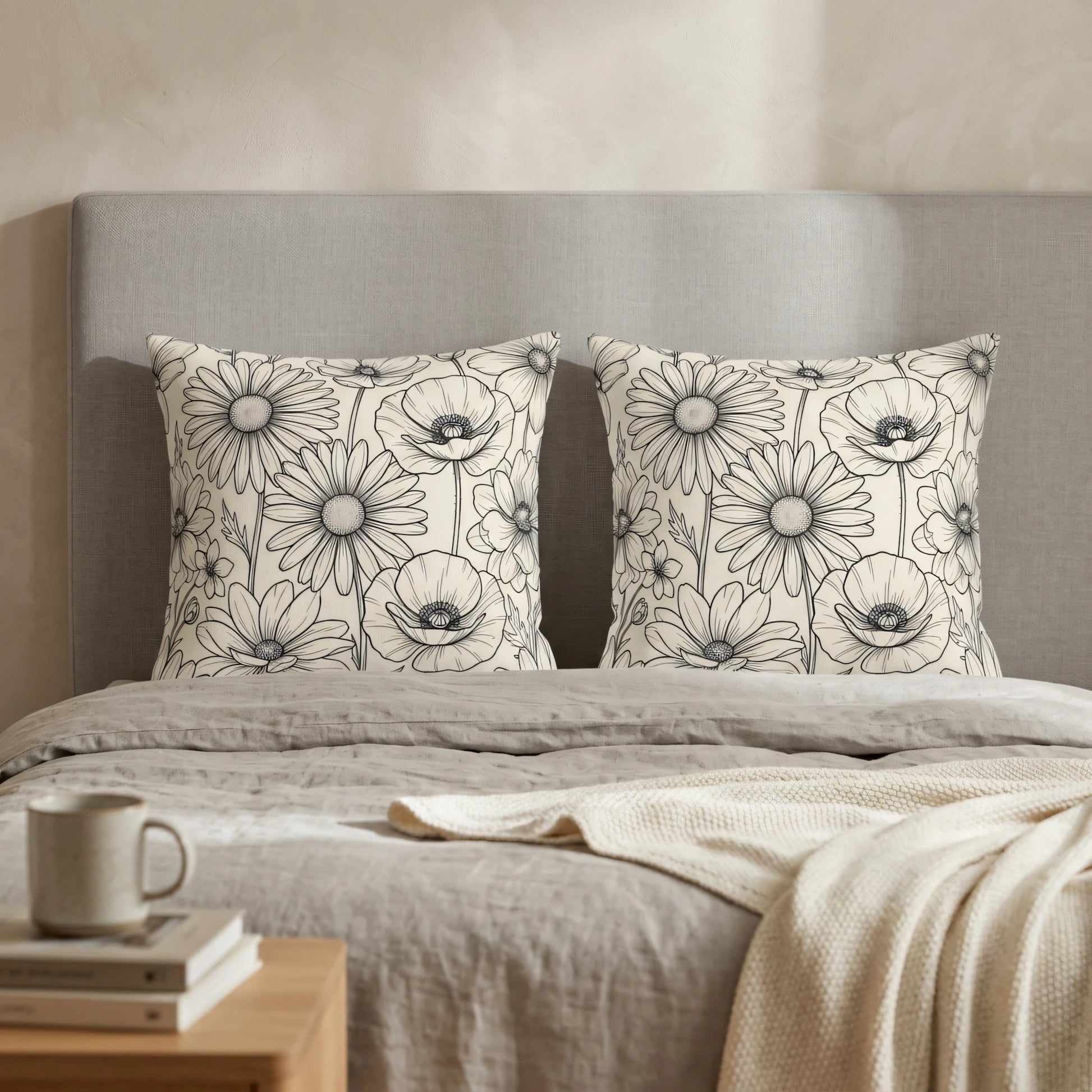 Two decorative cushions featuring black and white floral line art on a grey linen bed in a cozy bedroom with neutral aesthetic decor.