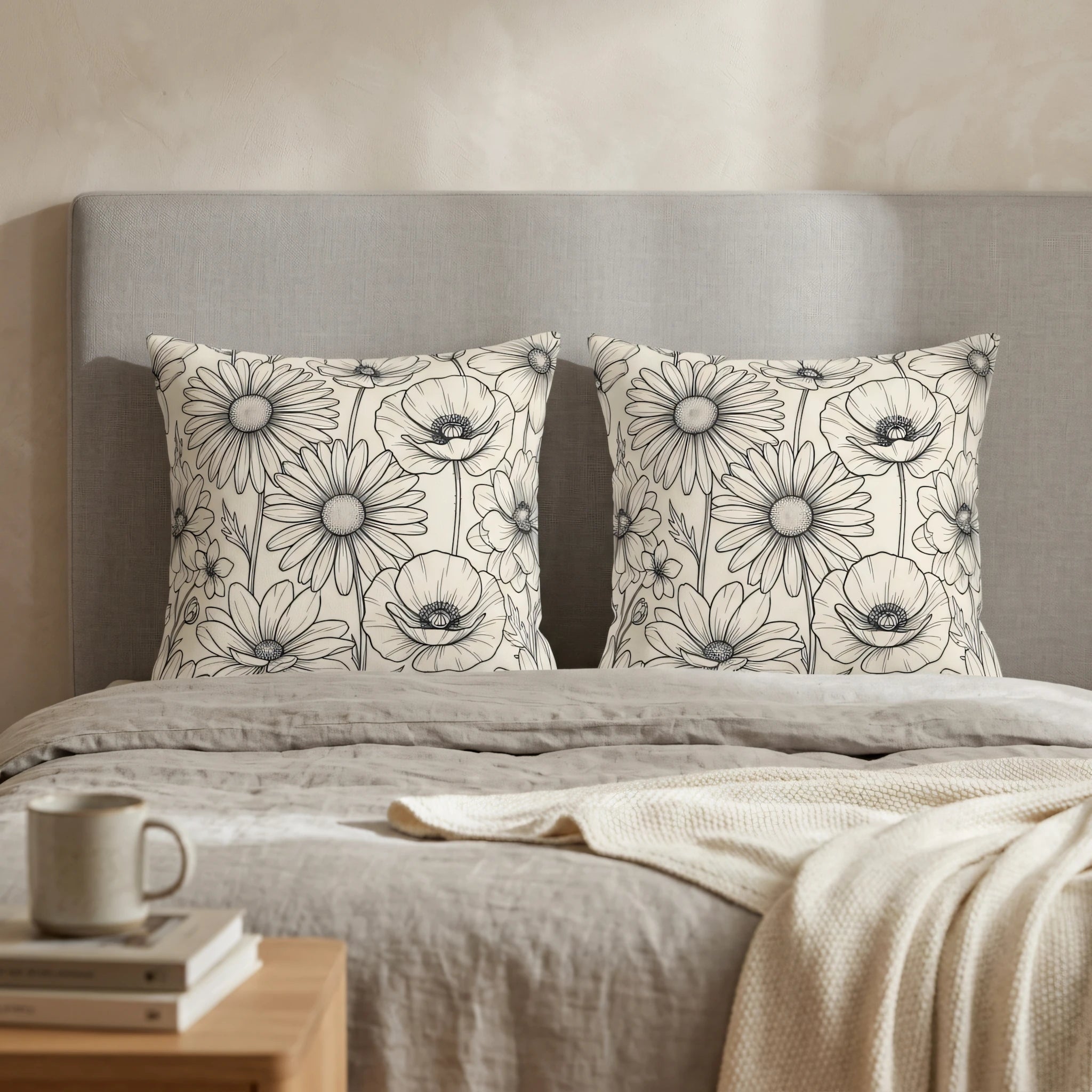 Two decorative cushions featuring black and white floral line art on a grey linen bed in a cozy bedroom with neutral aesthetic decor.