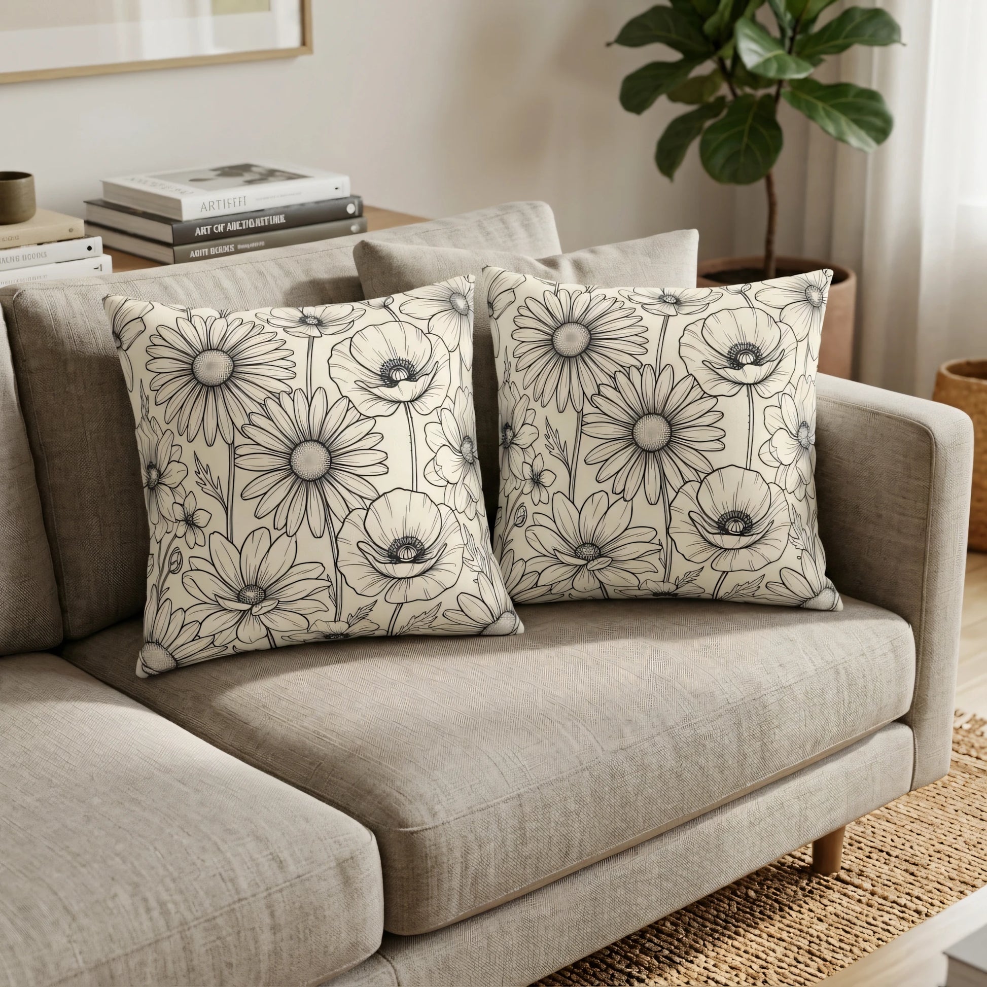 Two decorative cushions with a black floral line art pattern on a neutral sofa in a modern, light-filled living room setting.