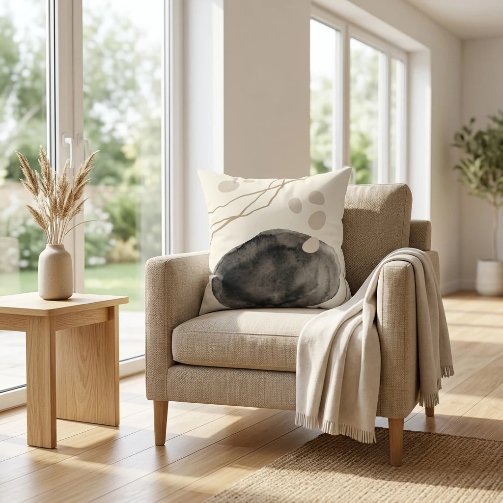 Abstract watercolor pillow with a dark grey stone design on a beige armchair in a bright, minimalist room with natural light and wood accents.