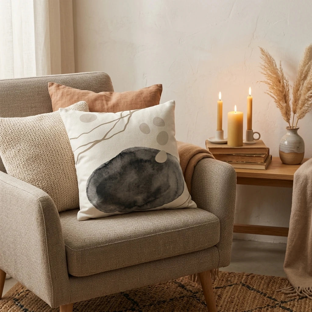 Abstract watercolor cushion with dark gray patterns on a cozy armchair, surrounded by warm candles and pampas grass in a neutral room.