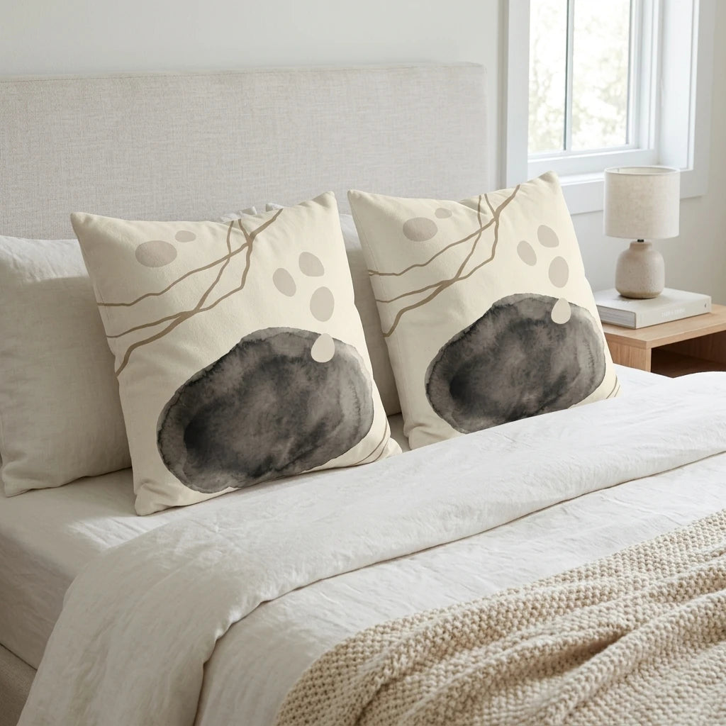 Two cream throw pillows with abstract charcoal grey watercolor circles and tan lines on a bed in a bright, modern bedroom lifestyle shot.