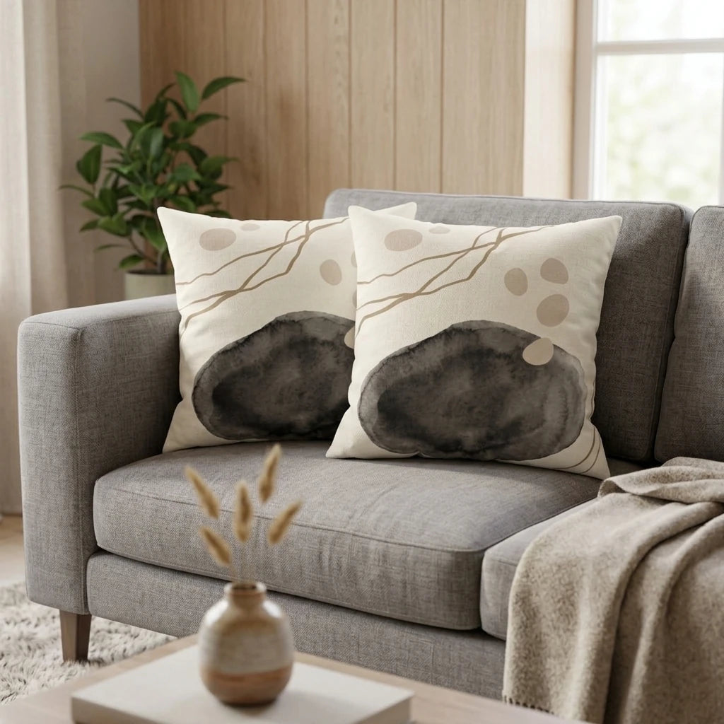 Two abstract throw pillows with earthy watercolor shapes and tan lines on a gray fabric sofa in a minimalist living room setting.