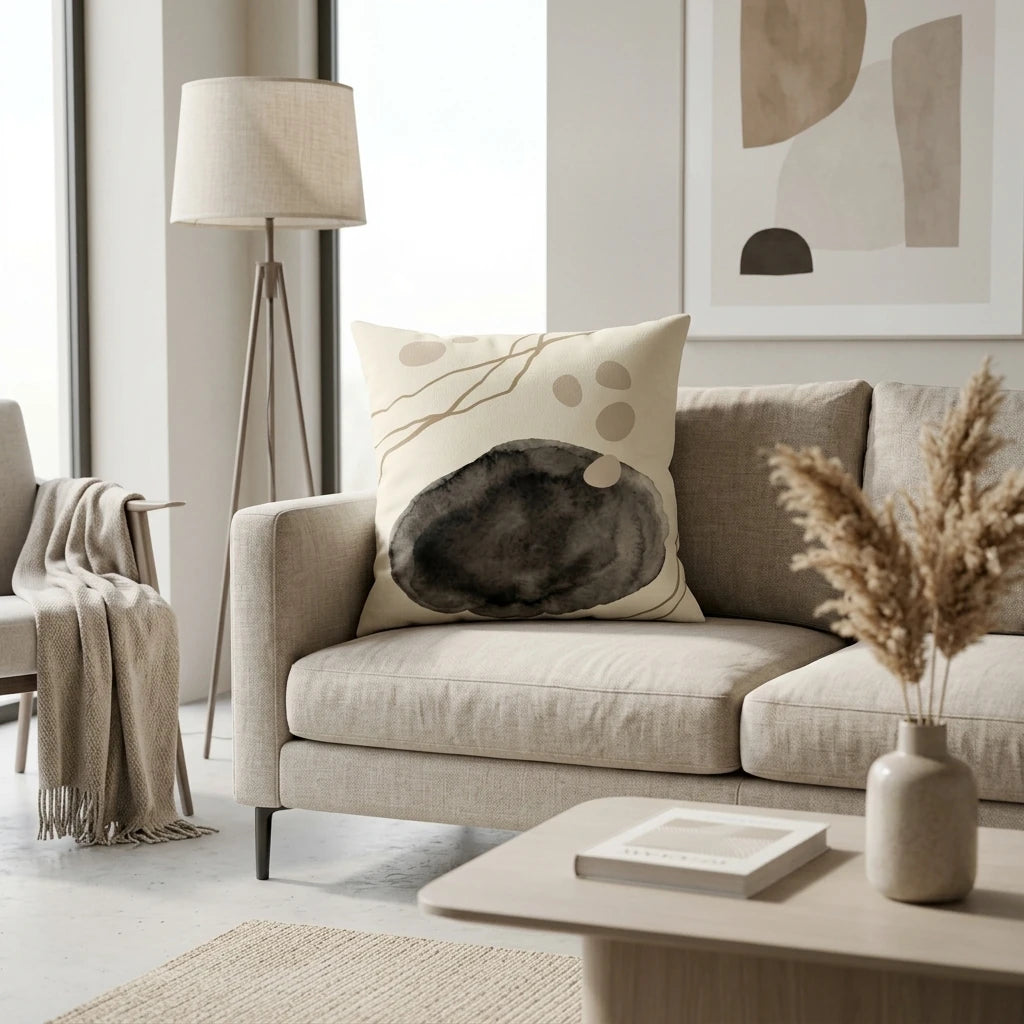 Modern abstract throw pillow with a black watercolor design and tan circles on a beige couch in a minimalist living room interior.