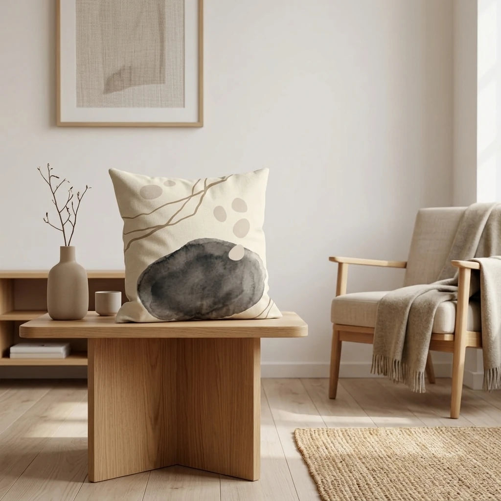Abstract watercolor cushion with neutral shapes on a wooden table in a bright, minimalist living room with modern decor.