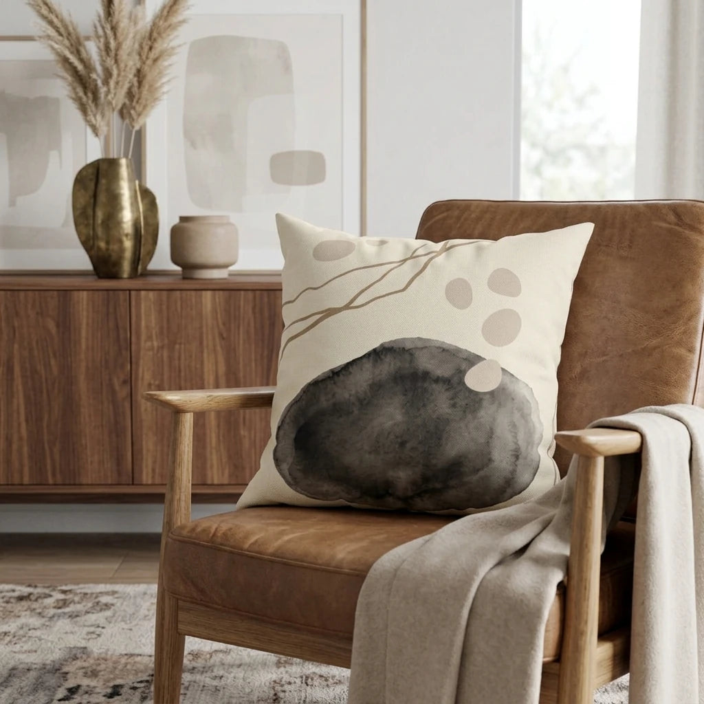 Modern beige throw pillow featuring abstract watercolor patterns on a leather armchair in a stylish, minimalist living room.