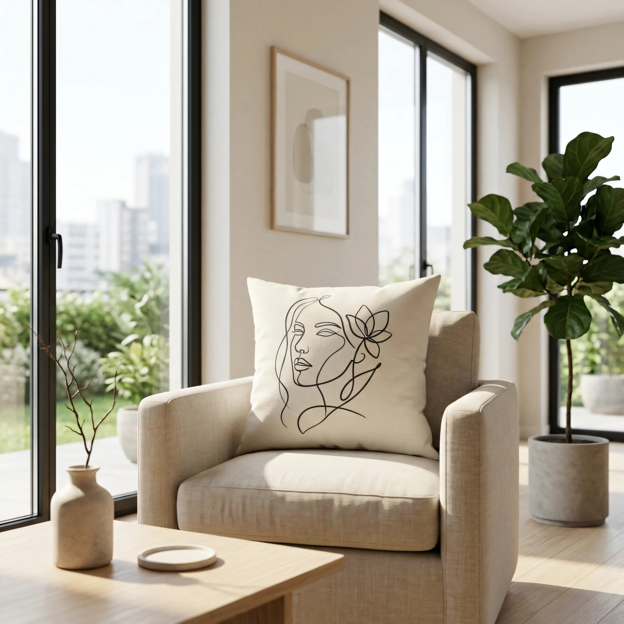 Minimalist line art woman design on a cream decorative pillow, placed on a beige armchair in a bright modern living room with city views.