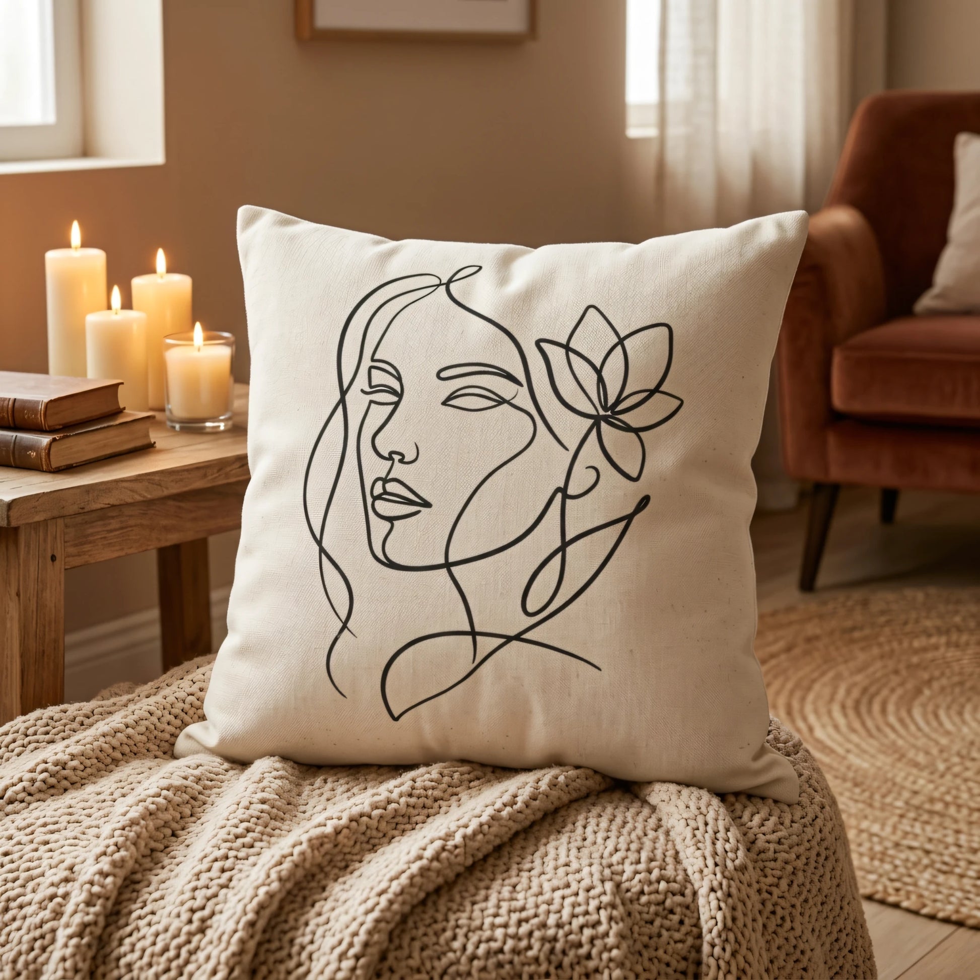 Minimalist line art cushion featuring a woman's face and flower, styled on a beige knit blanket in a cozy candlelit living room setting.