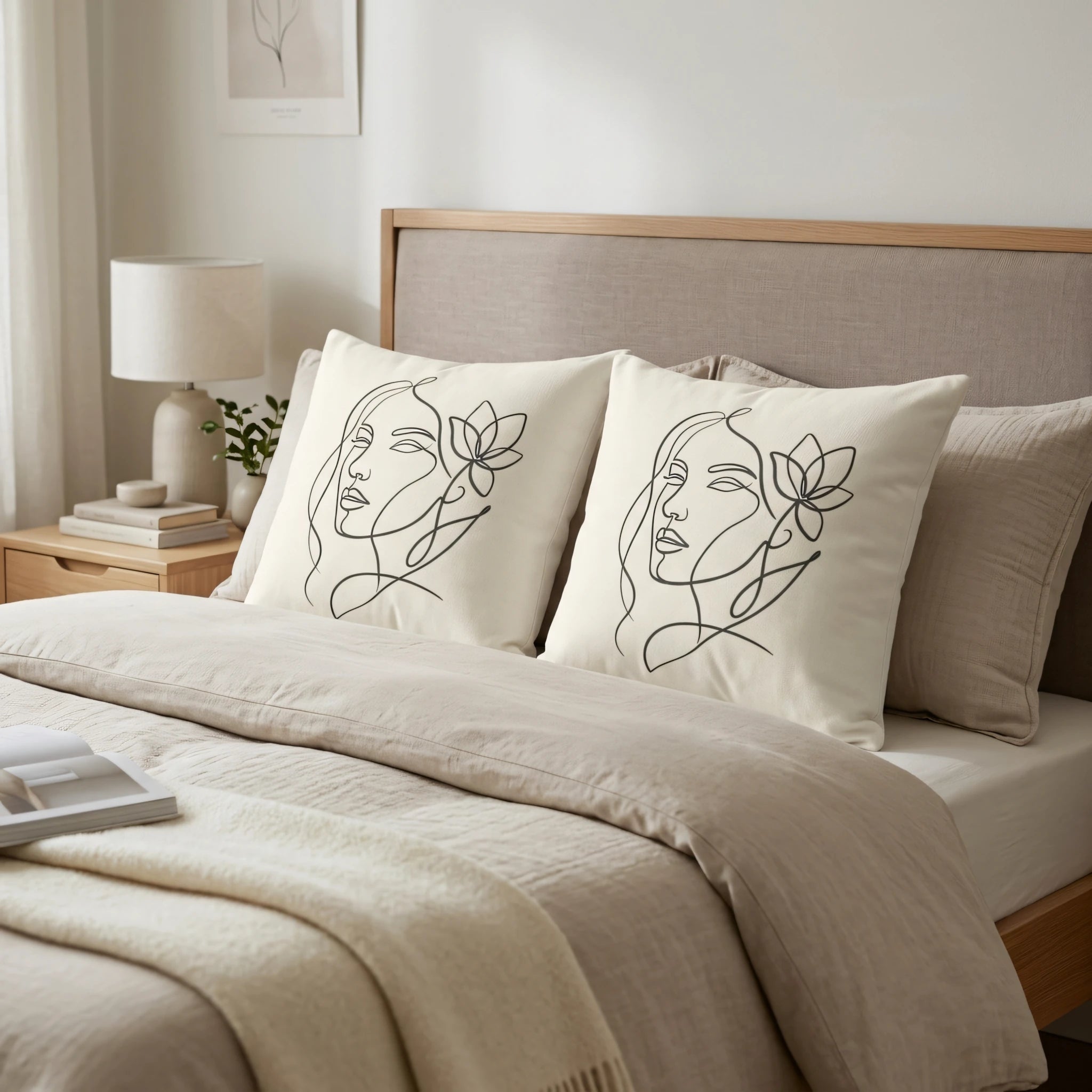 Two cream cushions with minimalist black line art of a woman and flower on a beige bed in a neutral-toned bedroom with wooden accents.