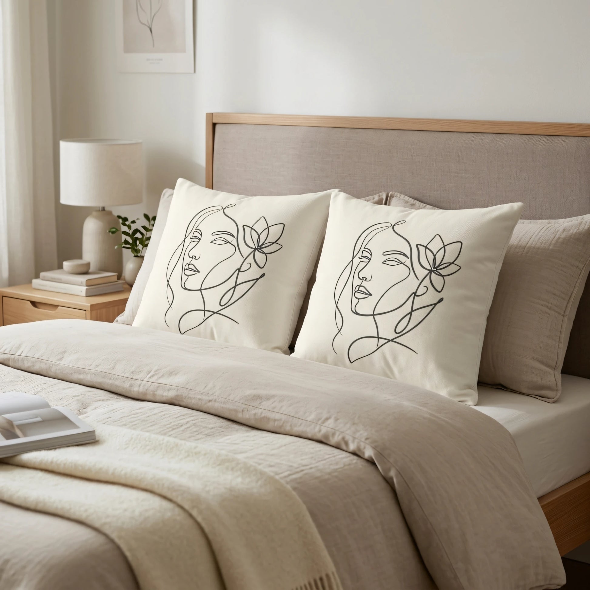Two cream cushions with minimalist black line art of a woman and flower on a beige bed in a neutral-toned bedroom with wooden accents.