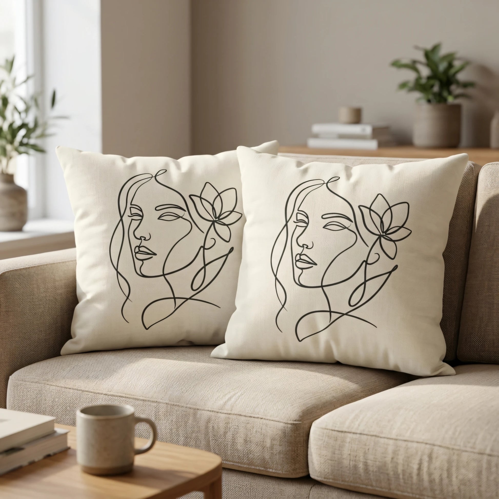 Pair of cream pillows featuring black minimalist line art of a woman's face, styled on a beige sofa in a bright modern home.