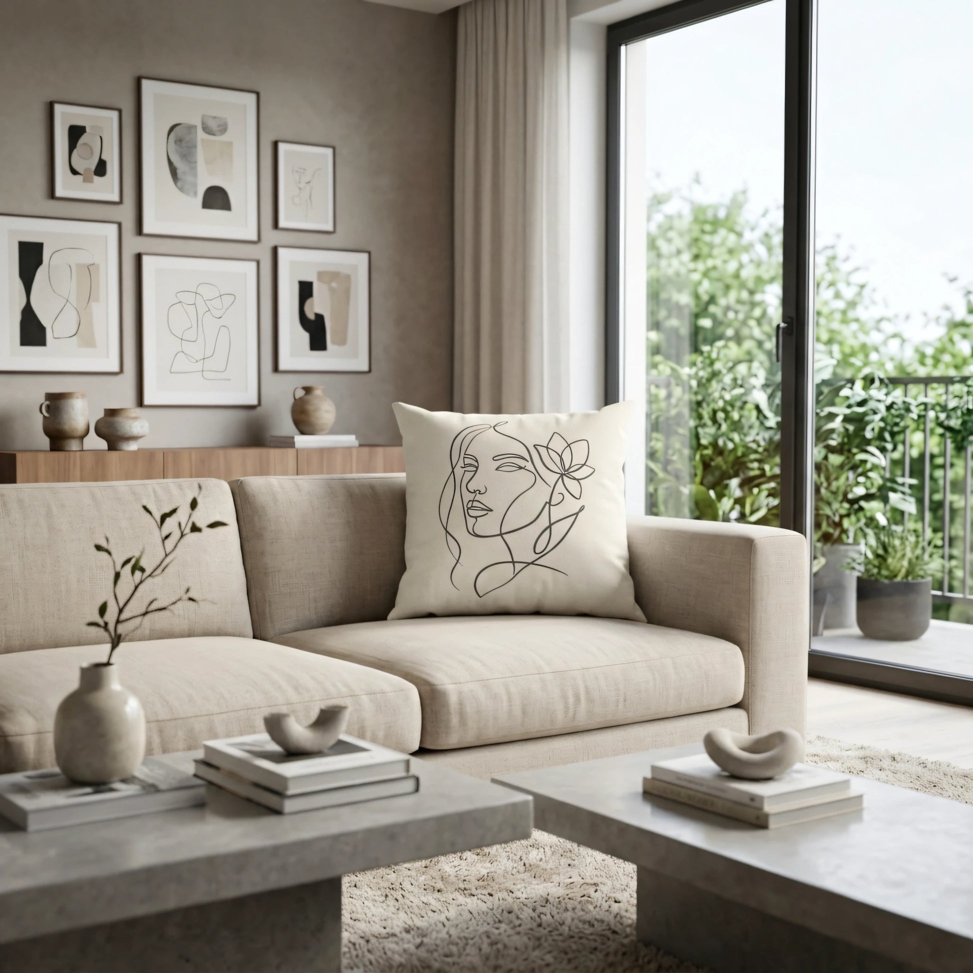 Minimalist line art throw pillow featuring a woman's face on a beige sofa in a modern living room with neutral decor and natural light.