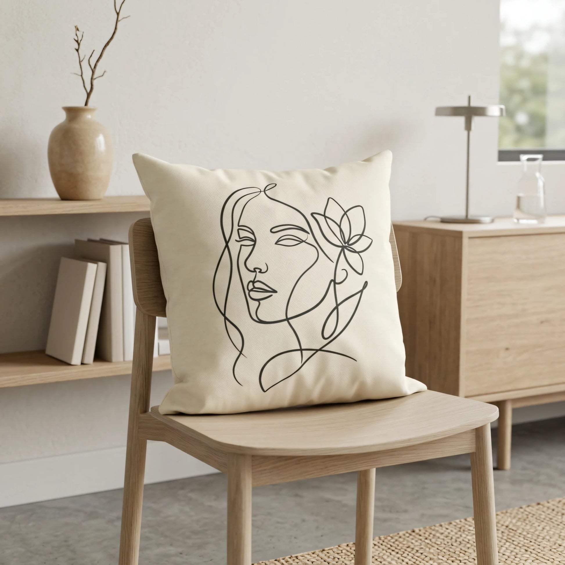 Cream cushion with minimalist black line art of a woman's face on a wooden chair in a bright interior with neutral home decor and wood accents.