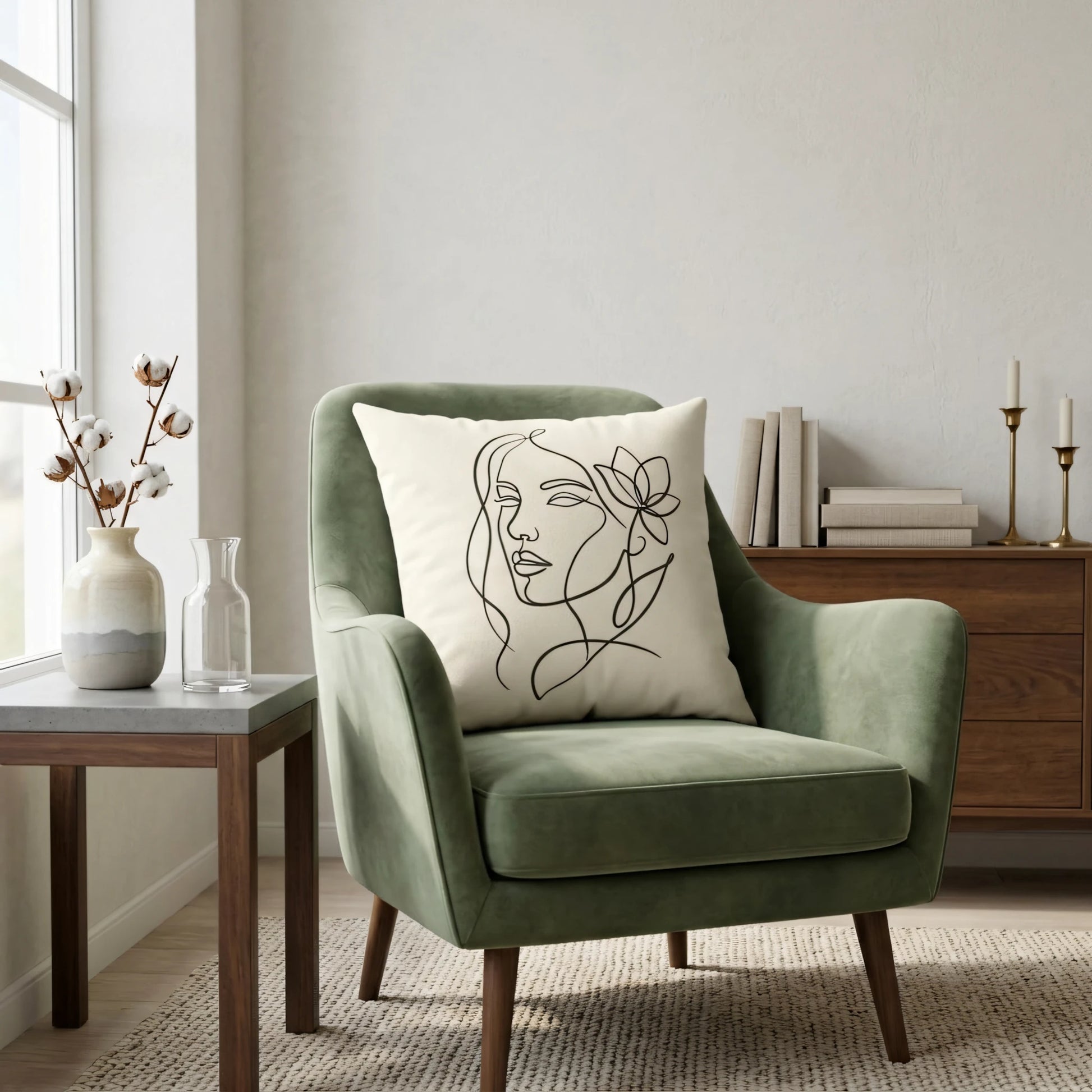 Off-white throw pillow featuring minimalist black line art of a woman on a sage green velvet armchair in a modern living room.