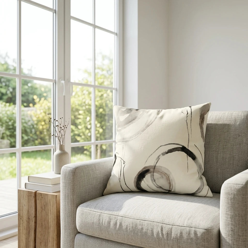Cream cushion with black abstract circle patterns on a grey armchair in a bright, sunlit room next to a window and wooden side table.