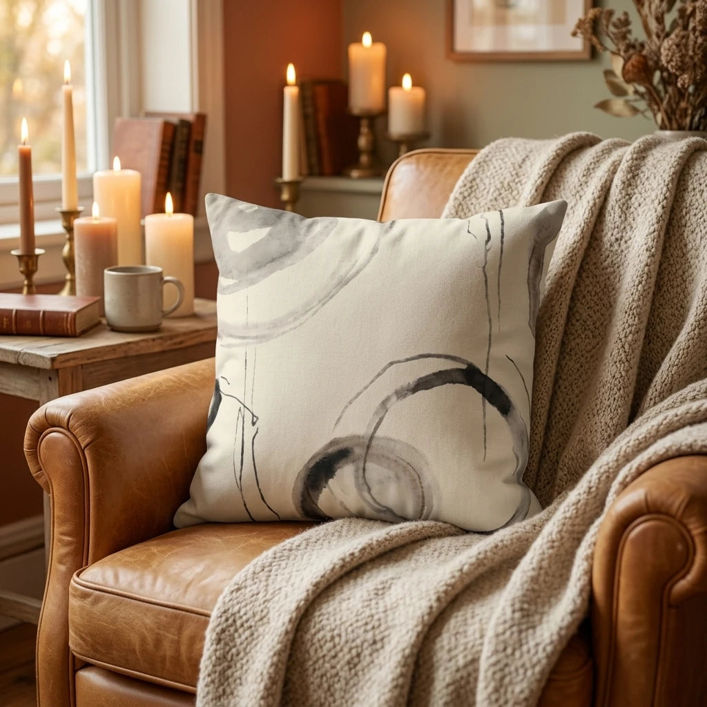 Abstract grey watercolor cushion on a leather armchair. Cozy lifestyle scene with lit candles and a textured knit throw blanket in a warm room.