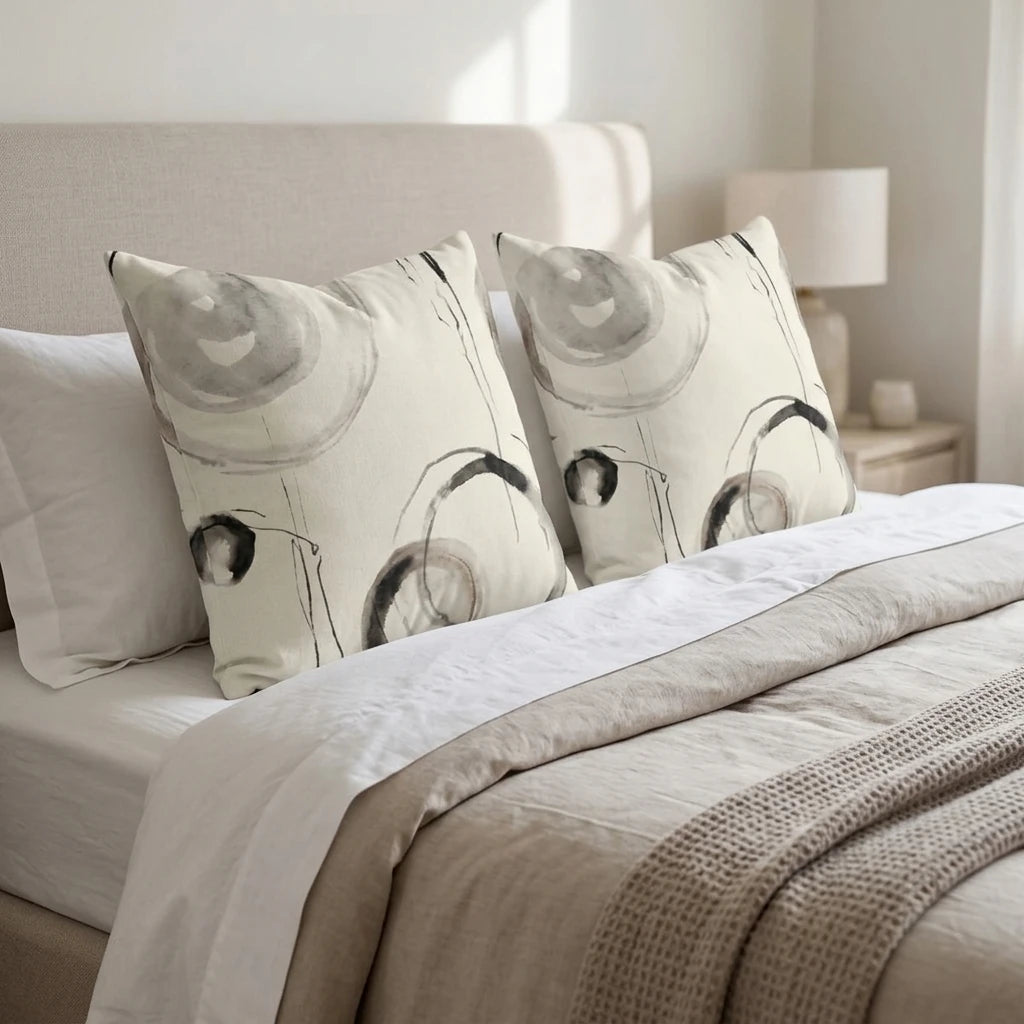 Pair of decorative pillows featuring grey abstract watercolor circles on a beige bed with textured linen bedding in a modern bedroom.