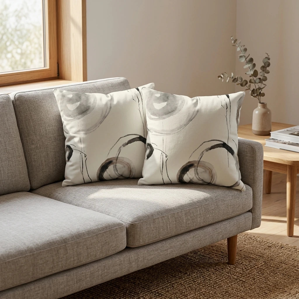 Two decorative throw cushions with abstract grey and black ink patterns on a light grey fabric sofa in a modern, sunlit living room.