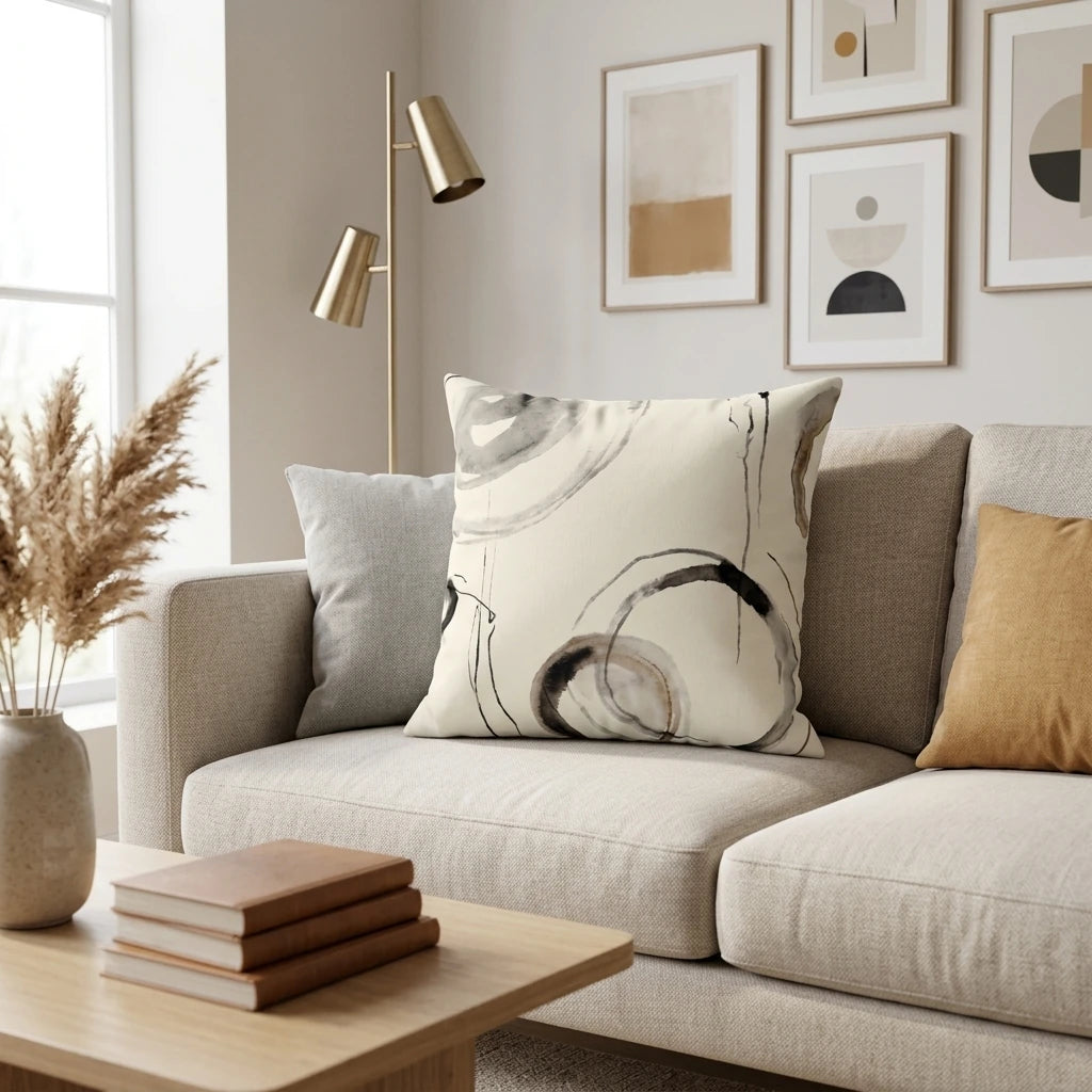 Cream throw pillow with black abstract watercolor swirls on a beige sofa in a modern living room with gold lamp and neutral framed wall art.