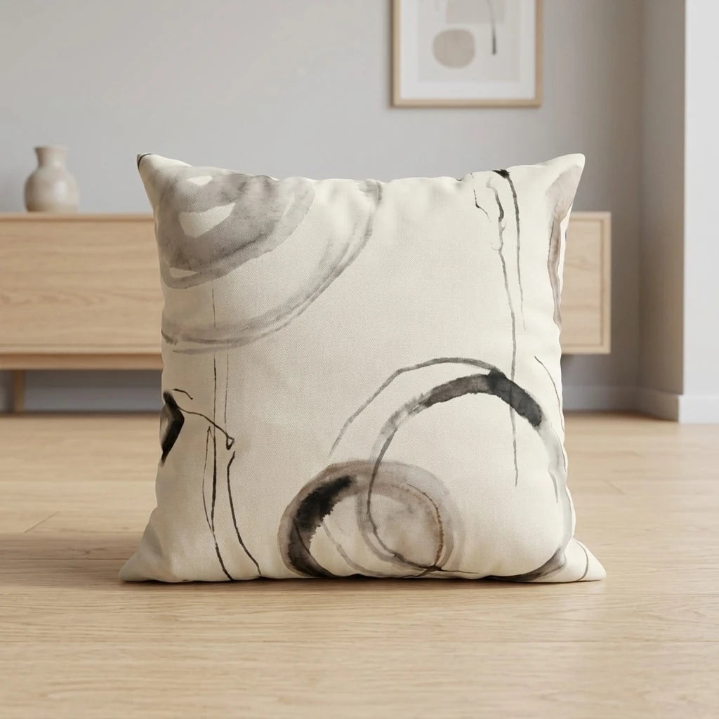 Minimalist cream throw pillow featuring an abstract grey and black ink wash pattern, styled on a wooden floor in a modern, neutral room.