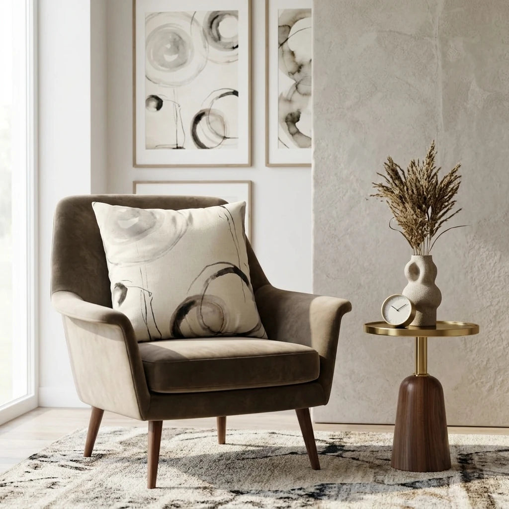Cream cushion with black abstract circle print on a brown velvet armchair in a modern neutral living room with stylish wall art.