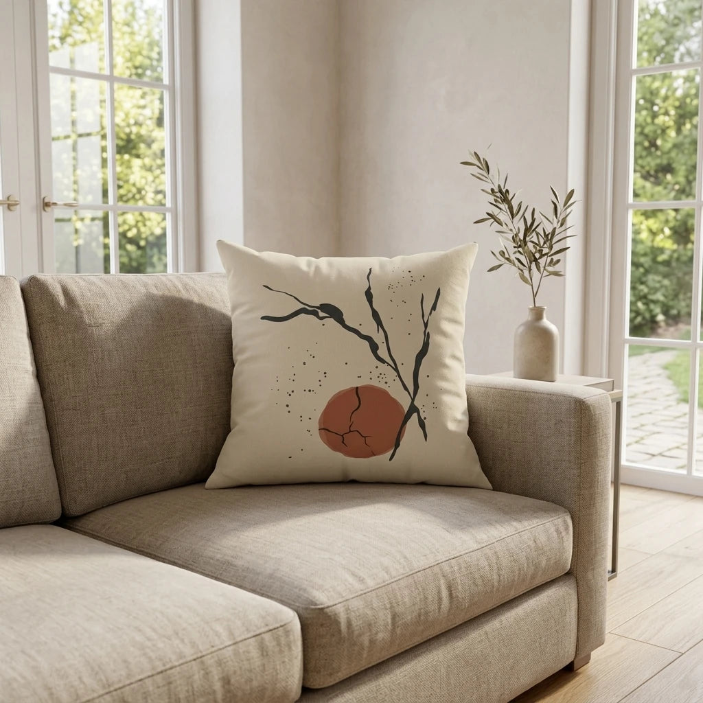 Modern abstract throw pillow featuring a rust circle and black branch pattern on a beige couch in a sunlit, airy living room.