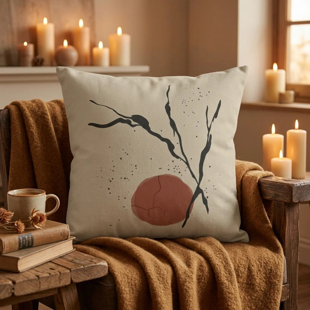 Minimalist abstract pillow with terracotta sun and black line art on a cozy wooden chair with candles and a warm blanket.