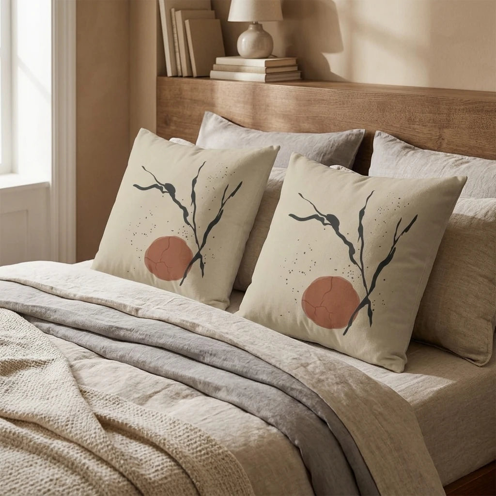 Pair of cream decorative cushions with abstract branch art and terracotta circles on a cozy bed with linen sheets and a wooden headboard.