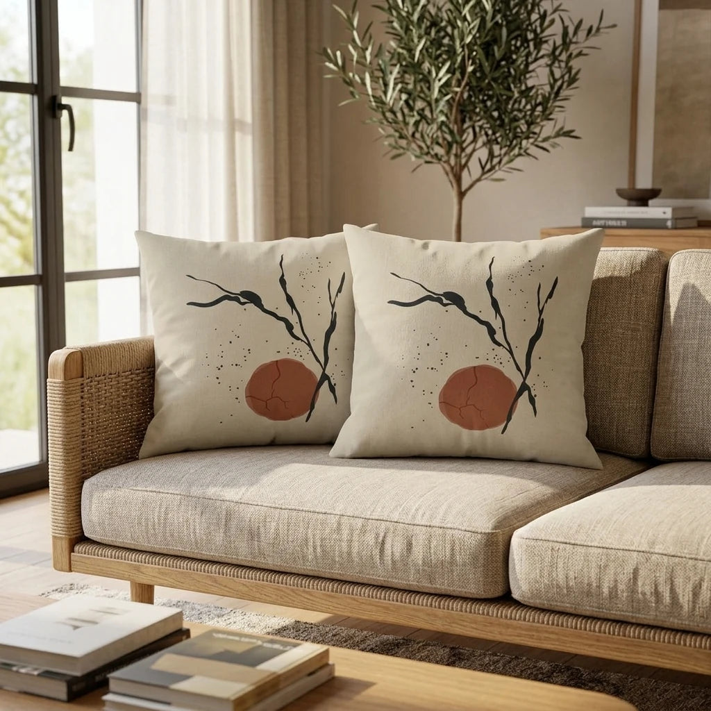 Pair of beige cushions with abstract branches and terracotta sun designs on a woven sofa in a minimalist, bright living room setting.