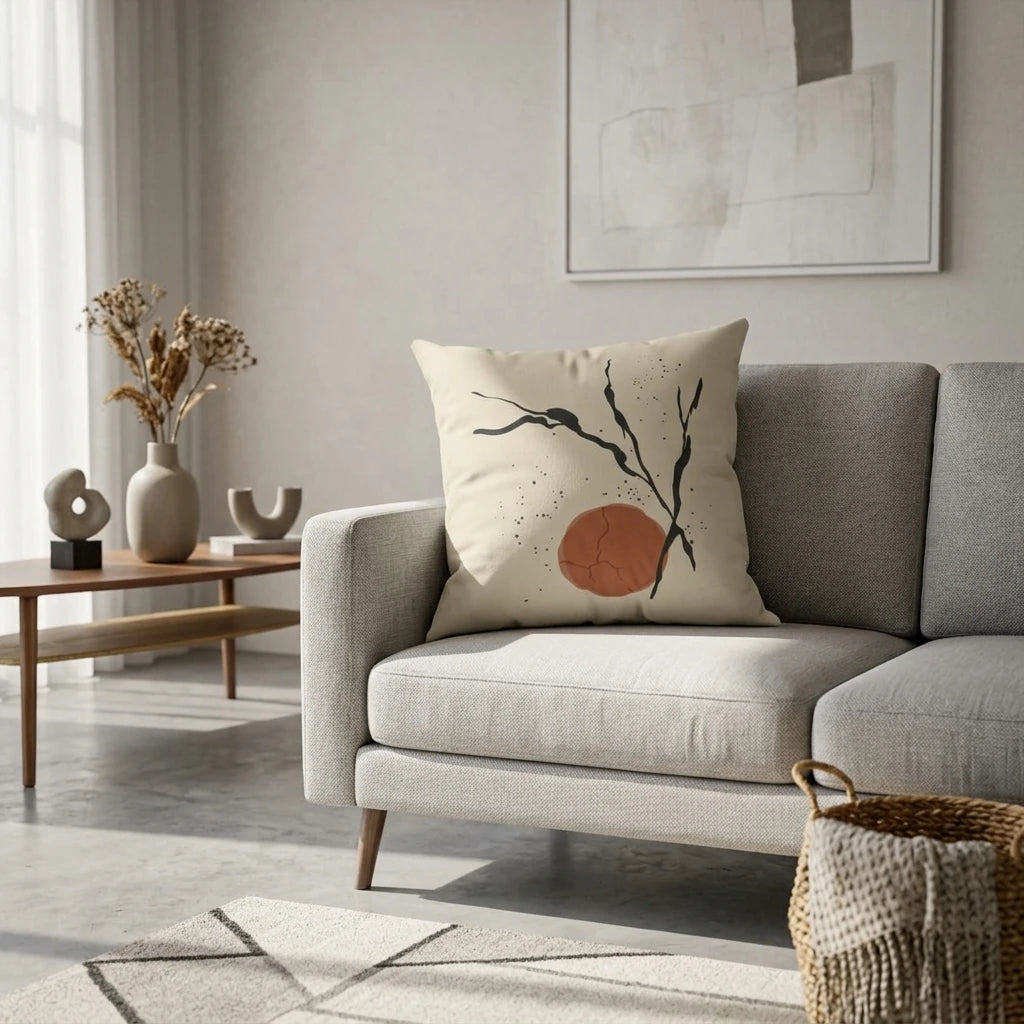 Modern living room lifestyle shot of a decorative cushion with abstract terracotta and black minimalist art on a light grey fabric sofa.