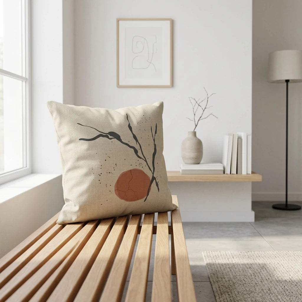 Minimalist throw pillow with abstract black botanical art and a terracotta circle on a wooden bench in a bright, modern interior setting.