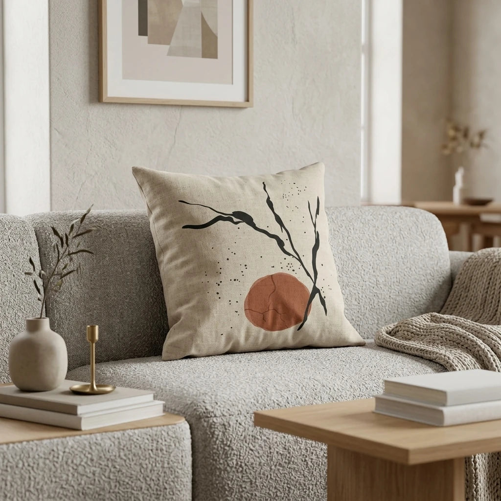Abstract beige cushion with black ink strokes and a terracotta circle on a grey textured sofa in a minimalist, modern living room.