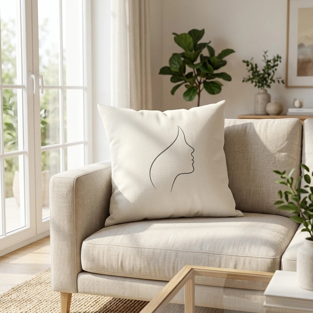 Minimalist cream cushion with black line art woman profile on a beige sofa in a bright, sunlit living room with modern decor and green plants.