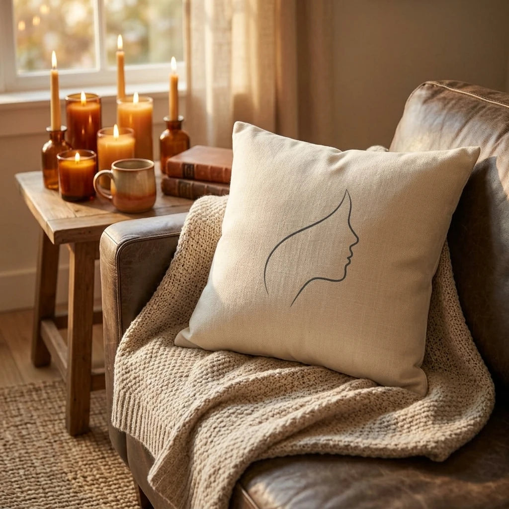 Beige throw pillow featuring black line art of a woman's profile, resting on a leather sofa with a knit blanket in a cozy candlelit room.