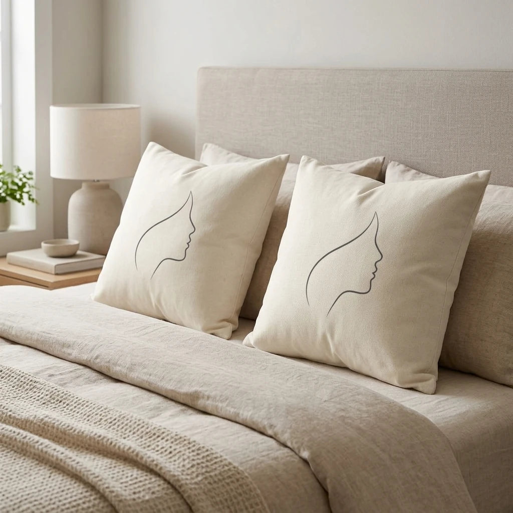 Duo of cream throw pillows featuring minimalist face line art on a beige bed in a cozy, neutral bedroom setting with soft linen bedding.