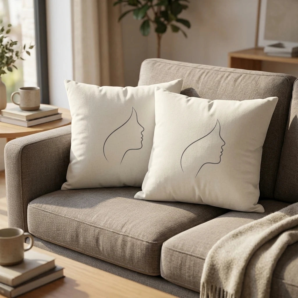Two off-white cushions featuring minimalist black line art of a woman's profile on a grey sofa in a modern, bright living room interior.