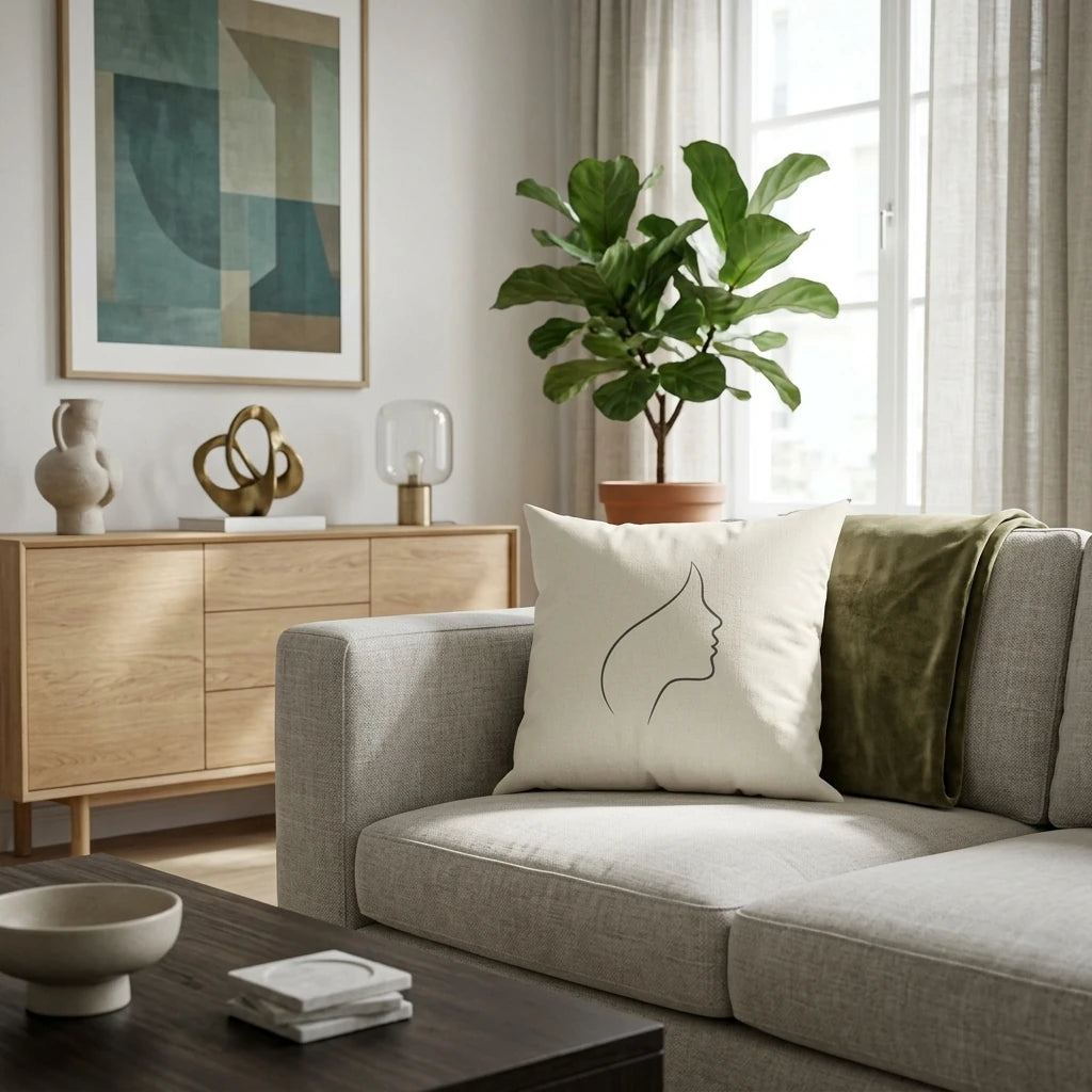 Minimalist line art pillow featuring a woman's profile on a grey sofa in a bright modern living room with wooden furniture and a green plant.