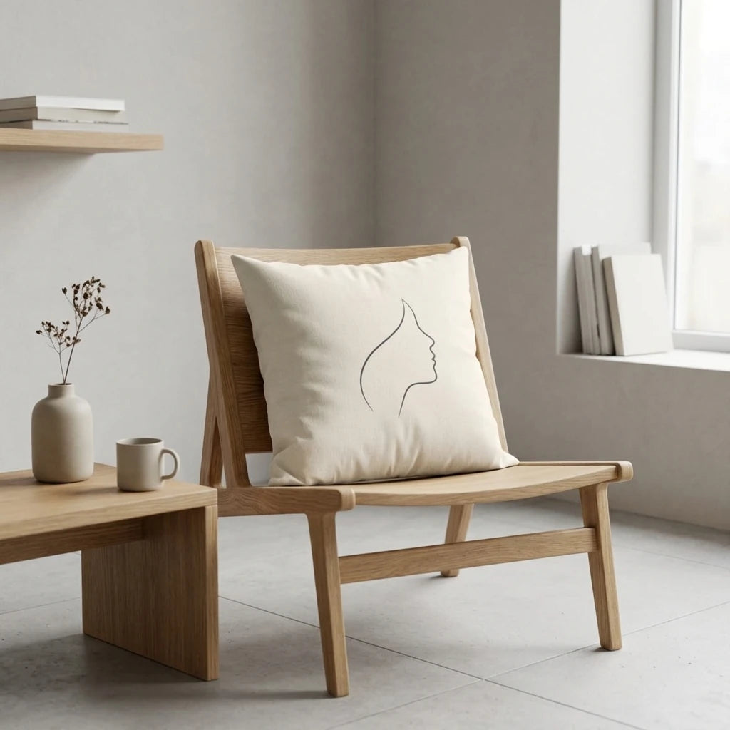 Minimalist cream cushion with black face line art on a light oak chair in a bright, modern interior with neutral-toned home decor.